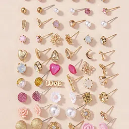 Jewels Galaxy Set Of 30 Gold Plated Crystals & Pearl Beaded Contemporary Stud Earrings-37