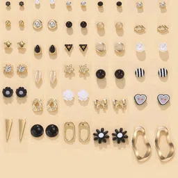 Jewels Galaxy Set Of 30 Gold Plated Crystals & Pearl Beaded Contemporary Stud Earrings-33