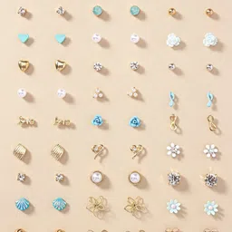 Jewels Galaxy Set Of 30 Gold Plated Crystals & Pearl Beaded Contemporary Stud Earrings-75