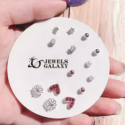Jewels Galaxy Set Of 7 Silver-Plated Crystals-Studded Contemporary Studs Earrings-9