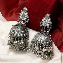 TEEJH Silver-Plated Beaded Dome-Shaped Jhumkas-57