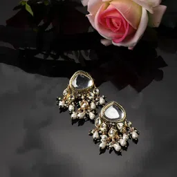 DUGRISTYLE Gold Plated Contemporary Kundan Studded & Beaded Drop Earrings image 1
