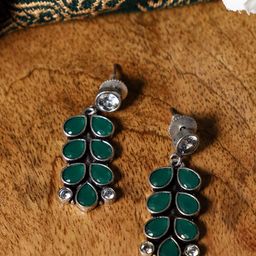 VENI Silver-Toned & Green Contemporary Drop Earrings-14