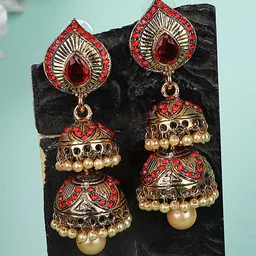 ANIKAS CREATION Women Red Gold-Plated Dome Shaped Jhumkas Earrings-51