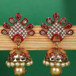 ANIKAS CREATION Women Red & White Gold-Plated Dome Shaped Jhumkas Earrings-0