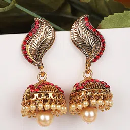 ANIKAS CREATION Women Red Gold-Plated Dome Shaped Jhumkas Earrings-45
