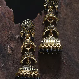 ANIKAS CREATION Gold-Plated Stone Studded & Beaded Dome Shaped Jhumkas-97