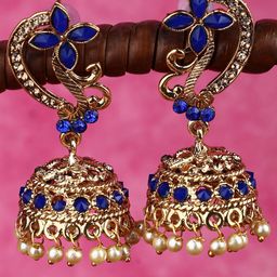 ANIKAS CREATION Blue & Gold-Toned Dome Shaped Jhumkas Earrings-image-3