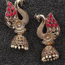 ANIKAS CREATION Pink & Gold Plated Peacock Shaped Jhumkas Earrings-27