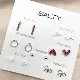 SALTY 7Pcs Silver-Plated Contemporary Studs Earrings-16