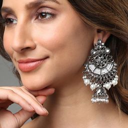 SOHI Silver Oxidised Contemporary Jhumkas Earrings-52