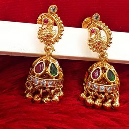 Anujeet Fashion Hub Gold-Plated American Diamond Studded Peacock Shaped Jhumkas-image-73