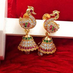 Anujeet Fashion Hub Gold-Plated American Diamond Studded Peacock Shaped Jhumkas-image-64