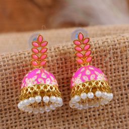 Crunchy Fashion Pink & Off White Dome Shaped Jhumkas Earrings-36
