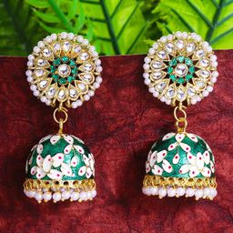Yellow Chimes Green & Gold Plated Floral Design Meenakari  Jhumka Earrings-image-36