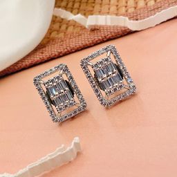 ABDESIGNS Silver-Plated American Diamond-Studded Geometric Studs Earrings-12