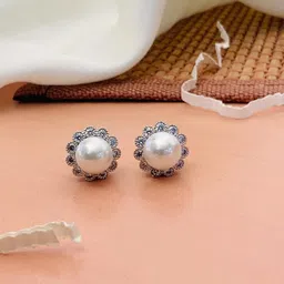 ABDESIGNS Silver-Plated American Diamond-Studded & Beaded Classic Studs Earrings-52