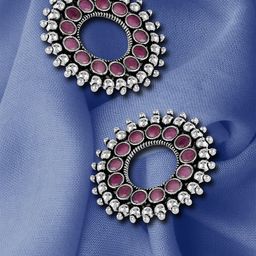 Adwitiya Collection Silver-Plated Stone-Studded Oxidised Studs Earrings-9