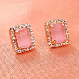 Estele Rose Gold-Plated Cubic Zirconia Studded Square Studs Earrings-2