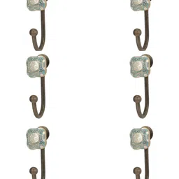 IndianShelf Sea Green and White 6 Pieces Floral Printed Ceramic Wall Hooks-5
