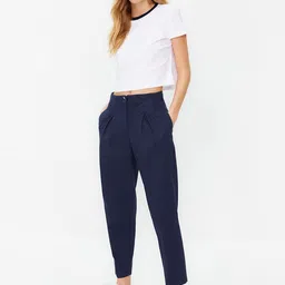 Trendyol Women Pleated Pure Cotton Parallel Trousers-picture-31