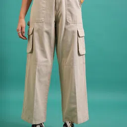 Tokyo Talkies Women Beige Mid-Rise Cotton Flared Cargos-image-39
