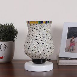 Devansh White & Red Printed Wooden Round Table Lamp With Mosaic Glass-12