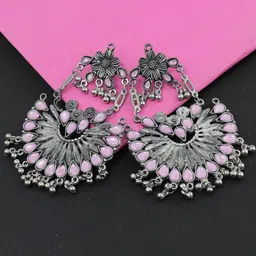Krelin Pink & Silver-Plated Oxidised Contemporary Chandbalis Earrings-image-18