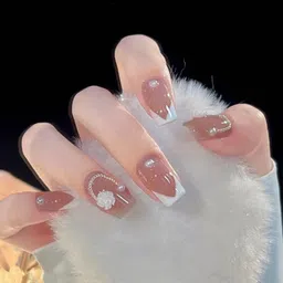 Secret Lives 24-Pcs French 3D Flowers Chain & Pearl Design Fake Nails-20