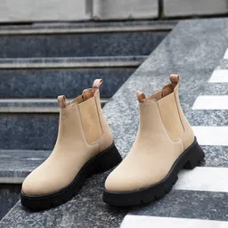 El Paso Women Beige  Solid Chelsea Casual Boots-41