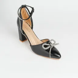 PURPLEHUNT Women Embellished Pointed Toe Block Heel Sandals with Bows-3