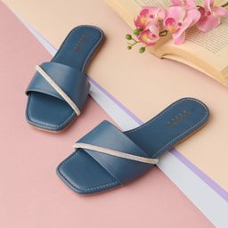 Tokyo Talkies Blue Ethnic - Embellished Square Toe Flats-13