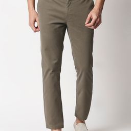 Basics Men Olive Green Solid Tapered Fit Cotton Trousers-image-60