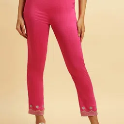 W Women Pink Smart Slim Fit Trousers-image-12