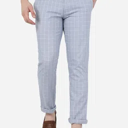 JADE BLUE Men Slim Fit Checked Mid-Rise Pure Cotton Trousers-image-96