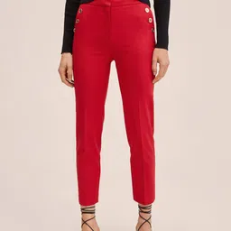 MANGO Women Red Solid Straight Fit Trousers-image-15