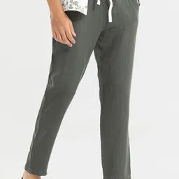 Snitch Men Olive Green Relaxed Straight Fit Linen Trousers-image-26