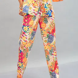 SASSAFRAS Yellow Women Floral Printed Straight Fit Trousers-image-66
