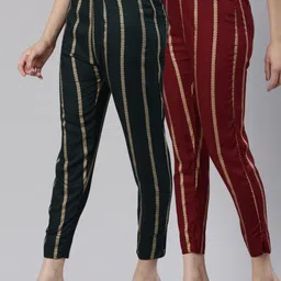 Kryptic Women Pack Of 2 Striped Smart Slim Fit Mid-Rise Cropped Slip-On Cigarette Trousers-image-50
