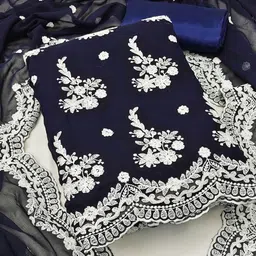 KALINI Blue & White Embroidered Silk Georgette Unstitched Dress Material-53