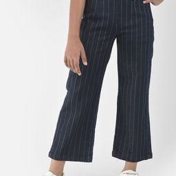Crimsoune Club Girls Navy Blue Striped Mid-Rise Stretchable Wide Leg  Jeans-image-8