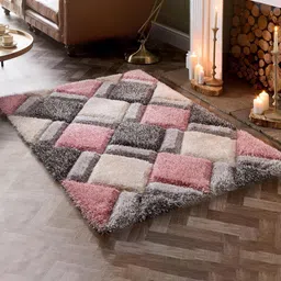SR Handloom Pink & White Geometric Shaggy Carpet-19