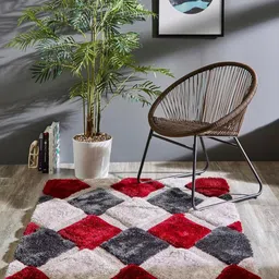 SR Handloom Red & White Geometric Shaggy Carpet-39