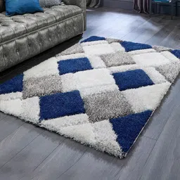 SR Handloom Blue & White Geometric Shaggy Carpet-54
