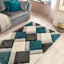 SR Handloom Teal & White Geometric Shaggy Carpet-17