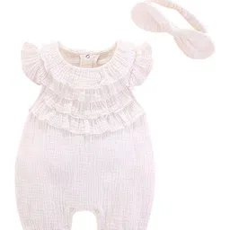 StyleCast White Infant Girls Self Design Cotton Rompers With Hairband-image-60