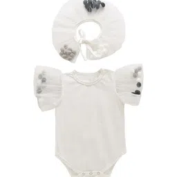StyleCast White Infant Girls Self-Design Cotton Pom Pom Bodysuit With Head Band-image-57