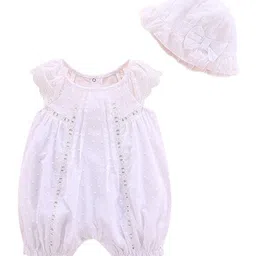 StyleCast White Infants Self Design Cotton Rompers With Cap-image-34