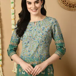 MEESAN Floral Printed Keyhole Neck Straight Kurti-picture-58