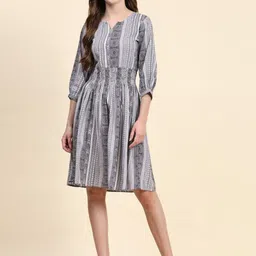 KALINI Geometric Printed Puff Sleeves Fit & Flare Dress-image-47